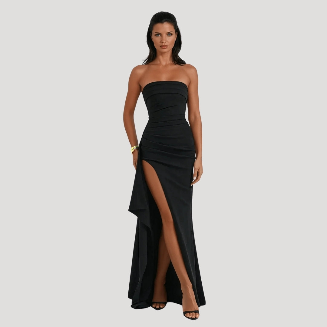 Astrid | Women’s Wedding Guest Strapless Maxi Dress in Black with High Slit