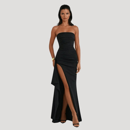 Astrid | Women’s Wedding Guest Strapless Maxi Dress in Black with High Slit