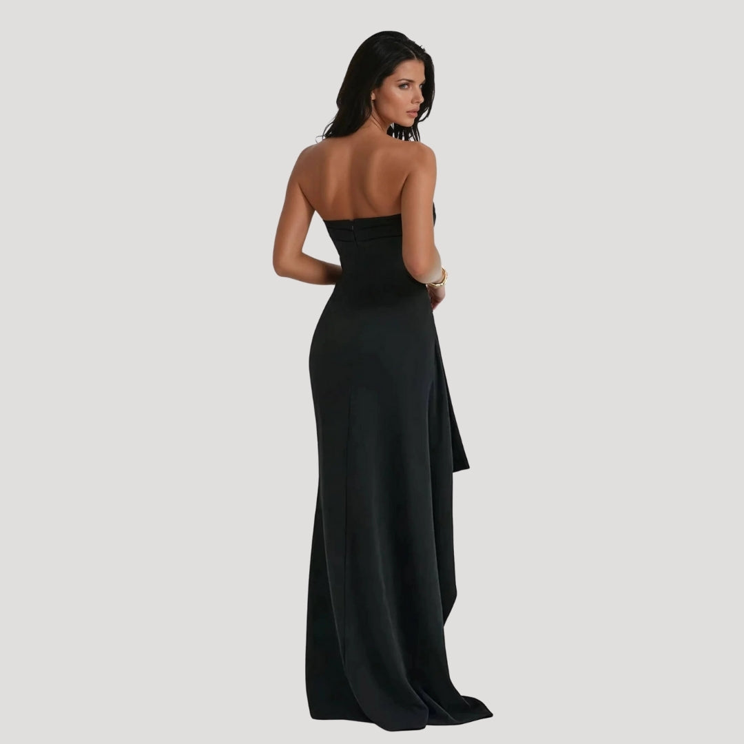 Astrid | Women’s Wedding Guest Strapless Maxi Dress in Black with High Slit