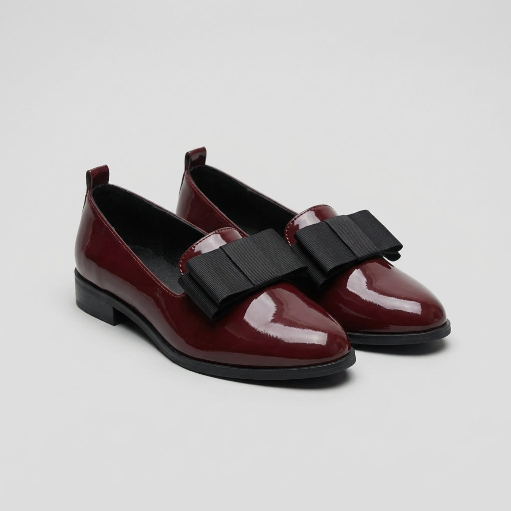 Aurelia | Women’s Orthopedic Pointed Toe Bow Detail Loafers - Burgundy Patent Leather