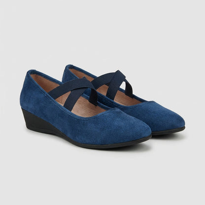 Alethea | Women’s Orthopedic Criss-Cross Strap Wedge Flats in Black Suede