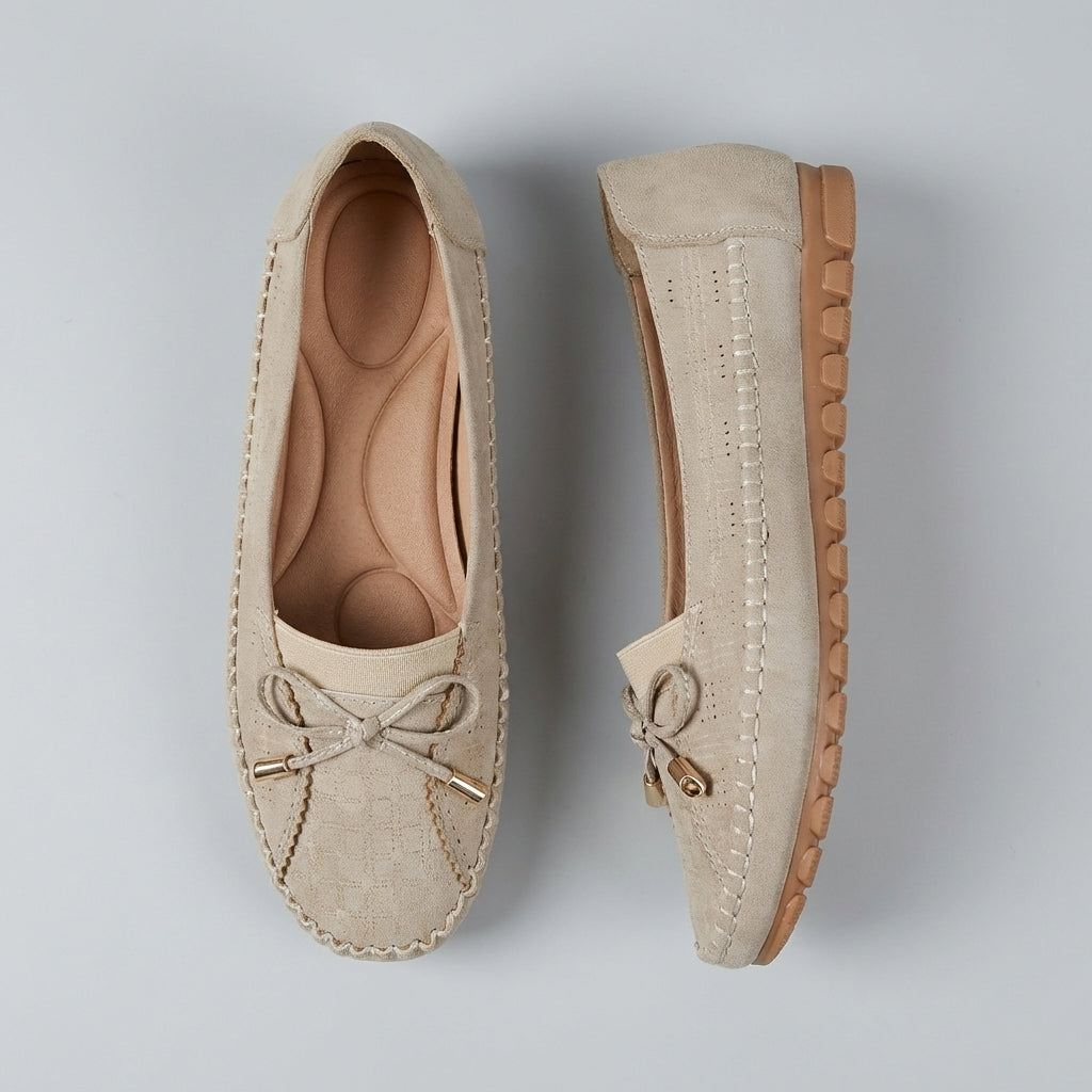 Women’s Orthopedic Perforated Bow Comfort Loafers in Suede Tan