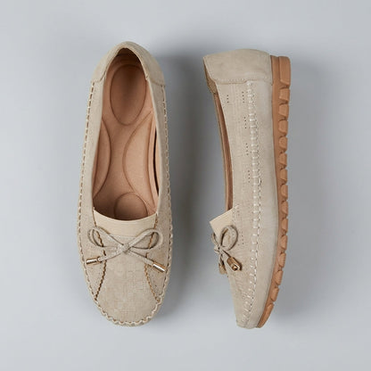 Women’s Orthopedic Perforated Bow Comfort Loafers in Suede Tan
