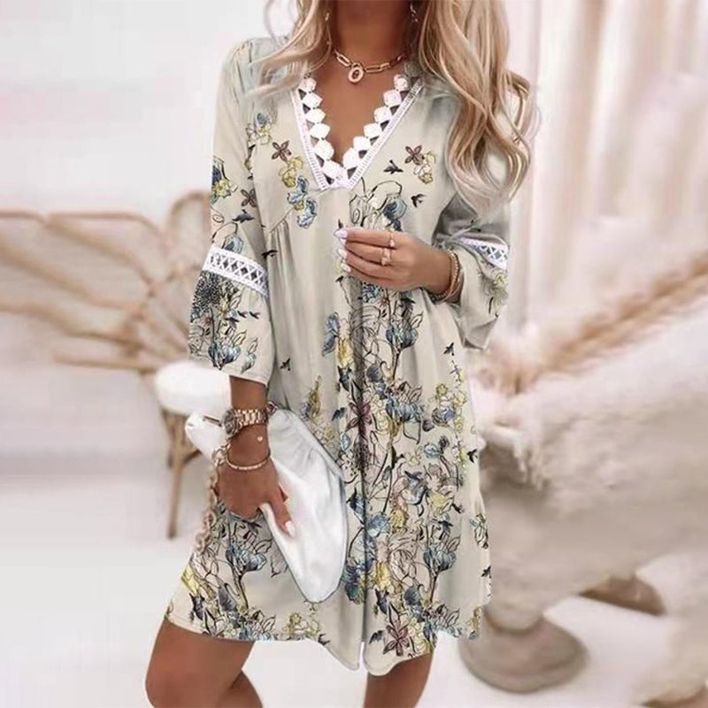 Alethea | Women's Boho Floral White V Neck Mini Dress
