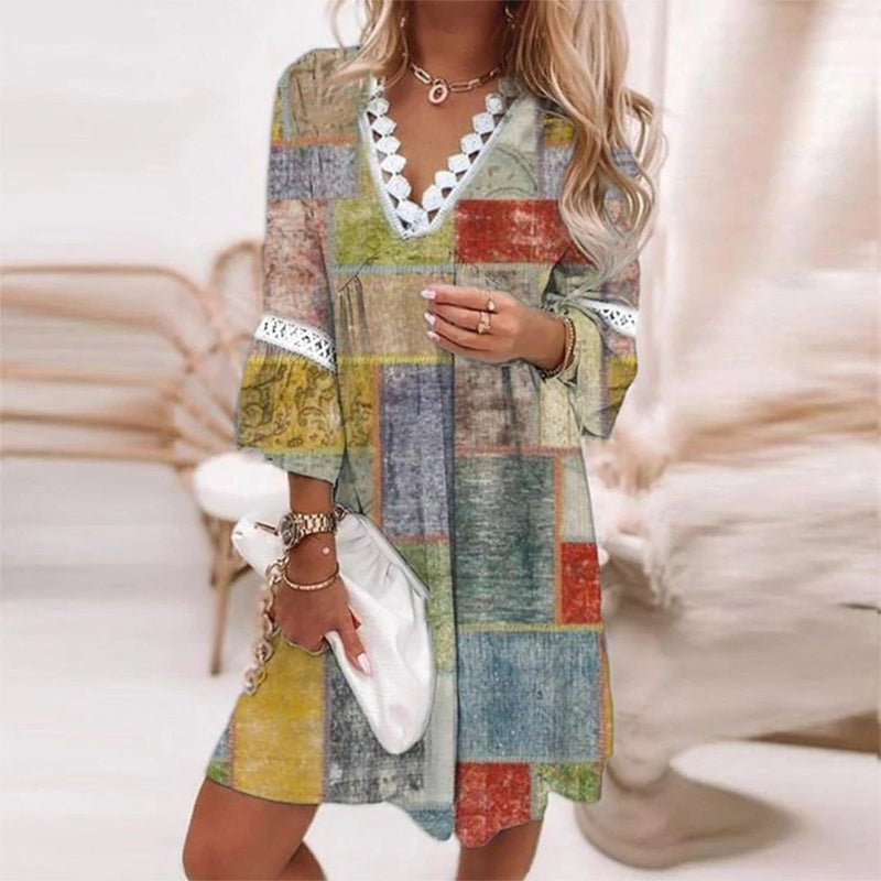 Alethea | Women's Boho Floral White V Neck Mini Dress