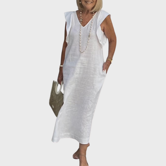 Astrid | Women's Sleeveless Linen Pocket Maxi White Dress