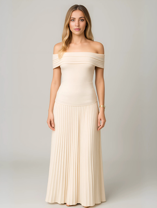 Astrid | Women's Wedding Guest Off-The-Shoulder Pleated Maxi Dress in Cream
