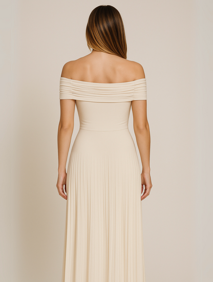 Astrid | Women's Wedding Guest Off-The-Shoulder Pleated Maxi Dress in Cream