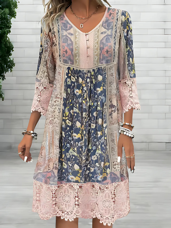 Alethea | Women's Boho Floral Lace Trimmed Printed V Neck Midi Dress