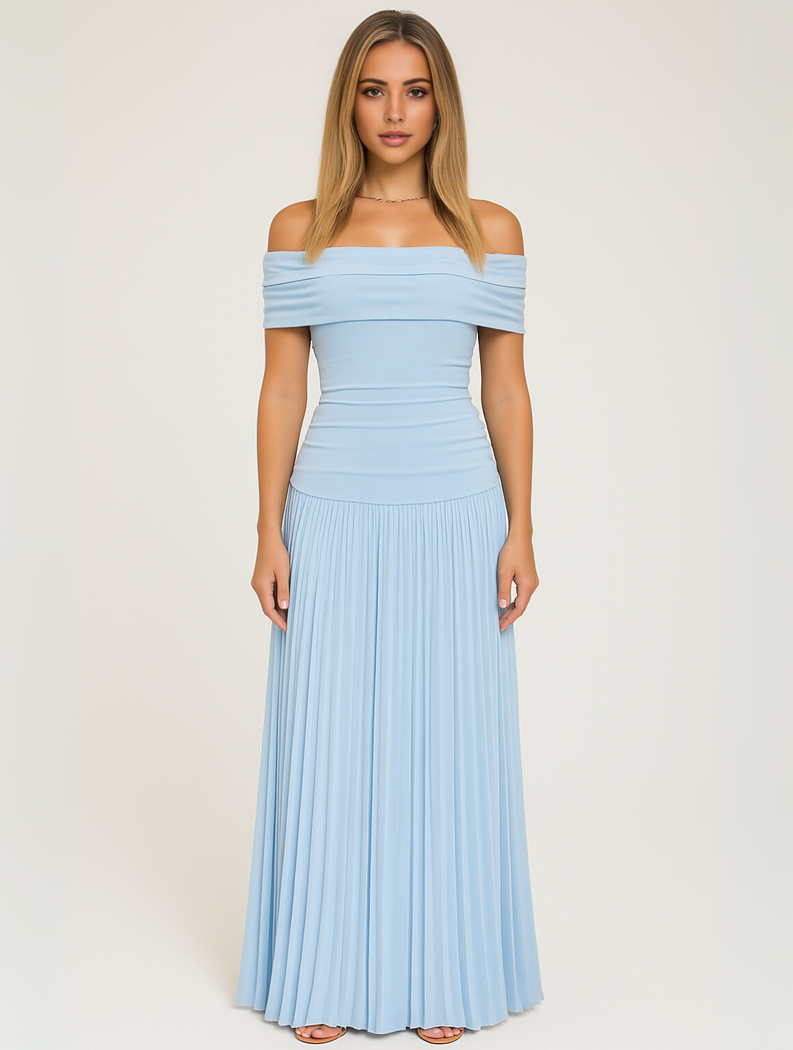 Astrid | Women's Wedding Guest Off-The-Shoulder Pleated Maxi Dress in Cream