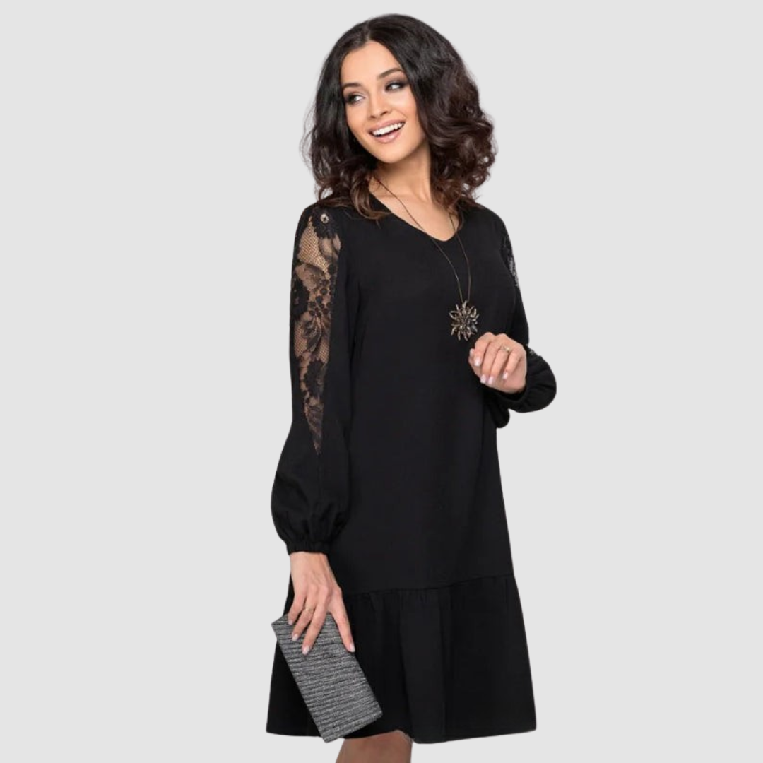 Calantha | Navy Lace-Sleeve Midi Dress