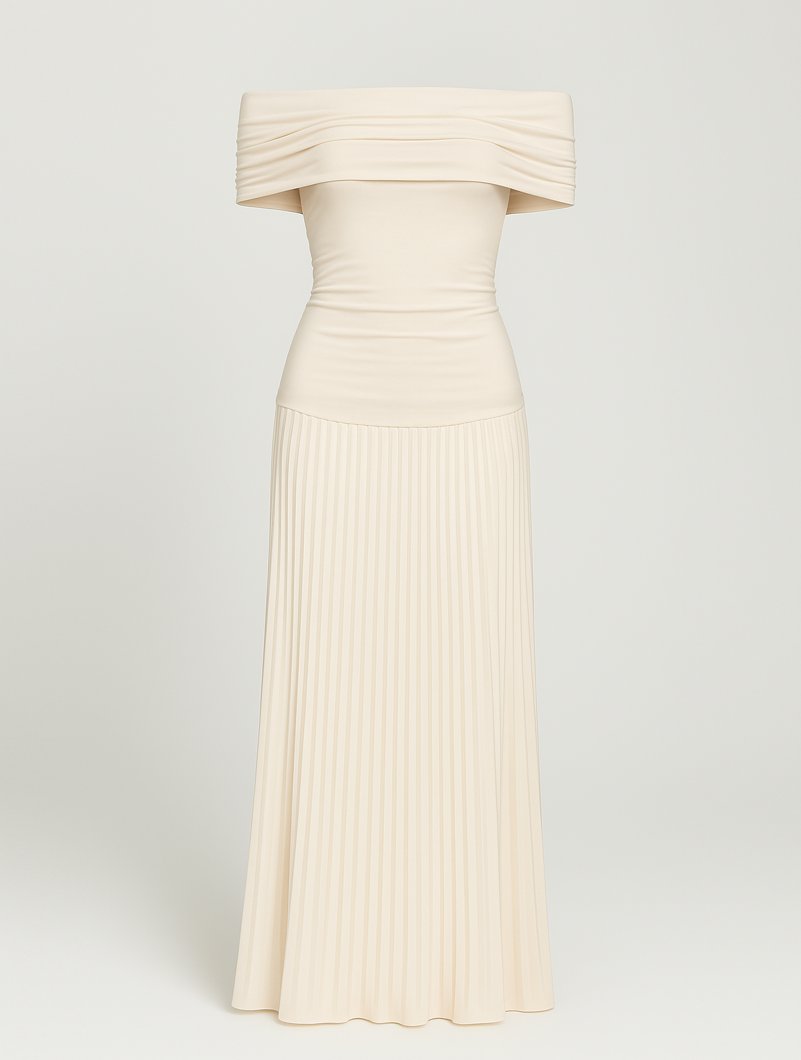 Astrid | Women's Wedding Guest Off-The-Shoulder Pleated Maxi Dress in Cream