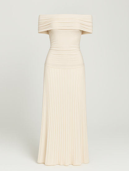 Astrid | Women's Wedding Guest Off-The-Shoulder Pleated Maxi Dress in Cream