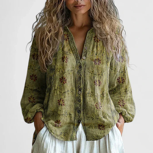 Calantha | Olive Green Floral Comfortable Blouse