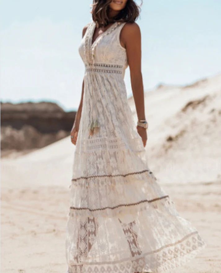 Astrid | Women's Boho Chic Lace Sleeveless V Neck Split Maxi Dress