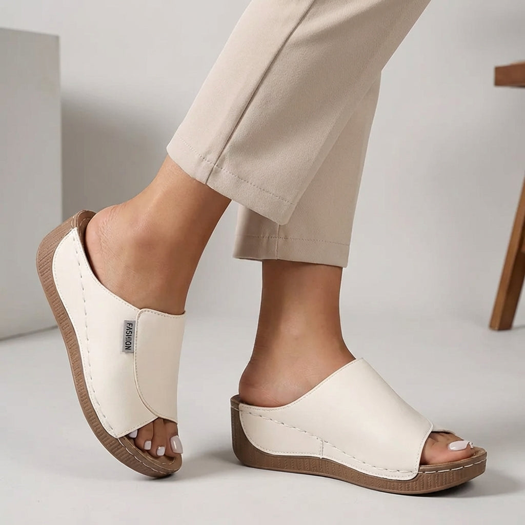 Black Leather Women's Orthopedic Slip-On Wedge Comfort Slippers