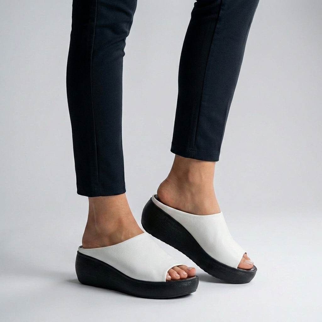 Alvina | Women's Orthopedic Platform Slide Sandals with Open Toe - Black Leather