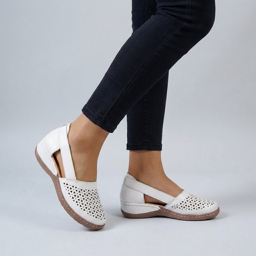 Alethea | Black Leather Women's Orthopedic Scalloped Cut-Out Comfort Sandals