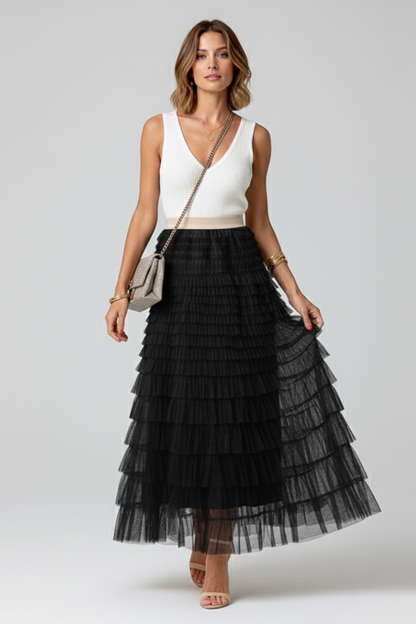 Astrid | Beige Layered Tulle Midi Skirt with Elastic Waist