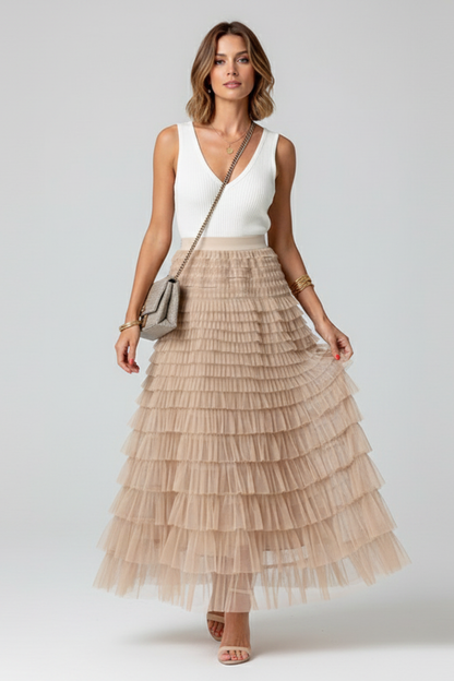 Astrid | Beige Layered Tulle Midi Skirt with Elastic Waist