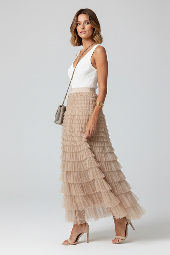 Astrid | Beige Layered Tulle Midi Skirt with Elastic Waist