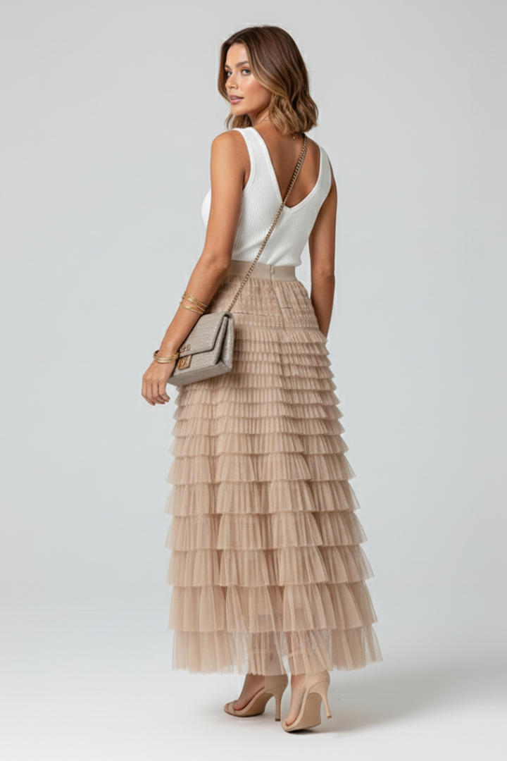 Astrid | Beige Layered Tulle Midi Skirt with Elastic Waist