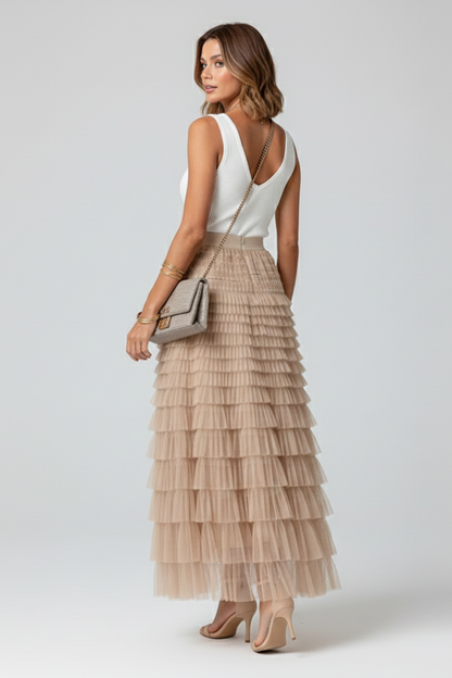 Astrid | Beige Layered Tulle Midi Skirt with Elastic Waist