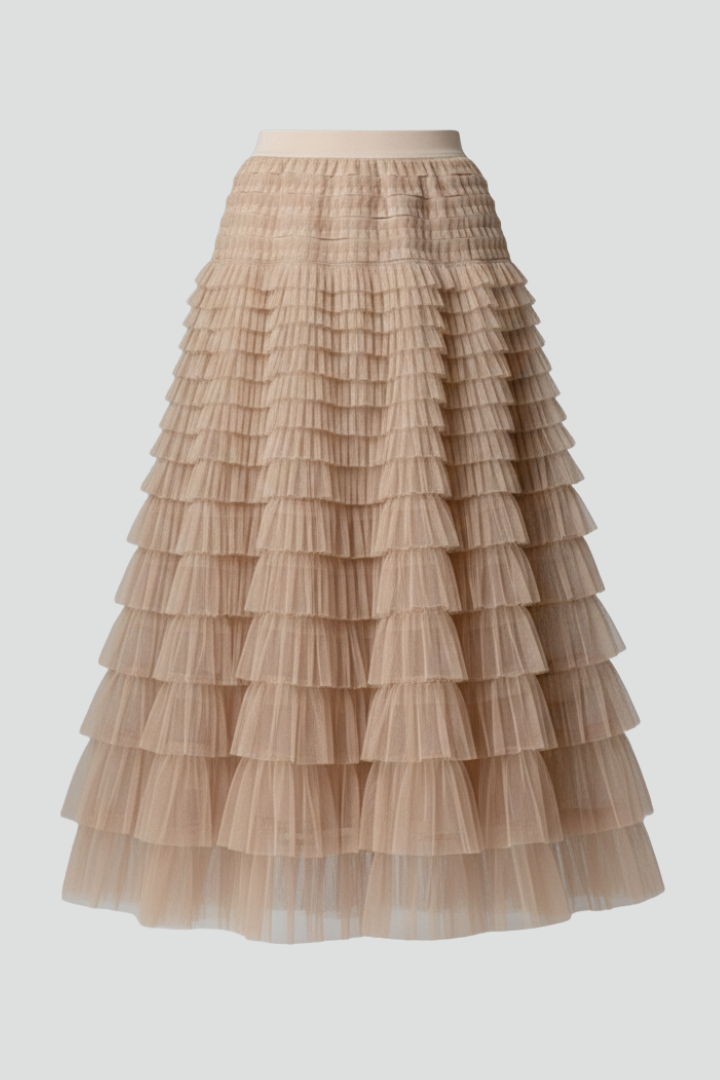Astrid | Beige Layered Tulle Midi Skirt with Elastic Waist