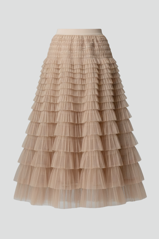 Astrid | Beige Layered Tulle Midi Skirt with Elastic Waist