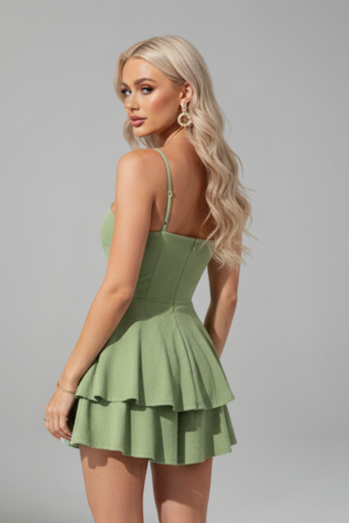 Alethea | Women’s Spaghetti Strap Flared Skirt Mini Dress in Sage Green