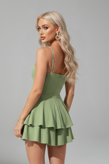 Alethea | Women’s Spaghetti Strap Flared Skirt Mini Dress in Sage Green