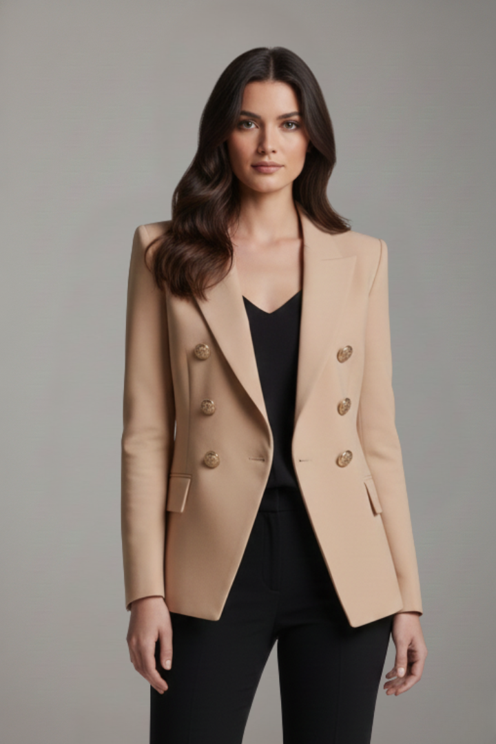 Alethea | Women’s Double-Breasted Blazer with Gold-Tone Button Details - Black