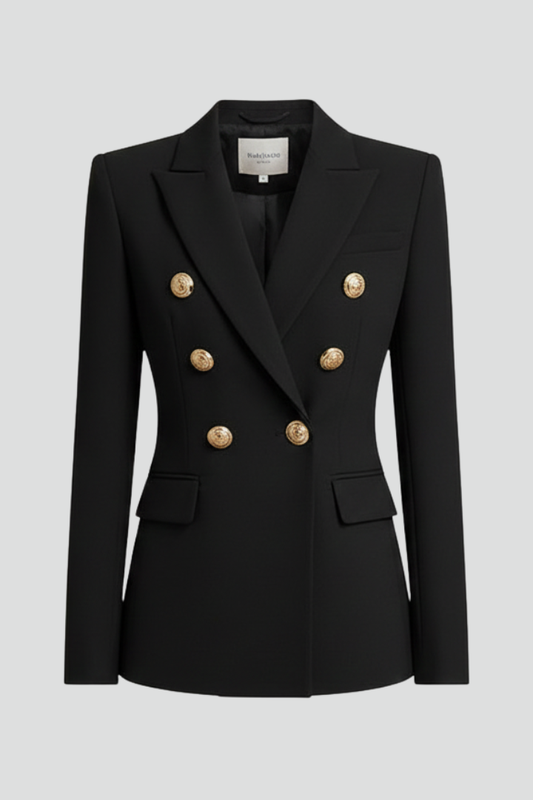 Alethea | Women’s Double-Breasted Blazer with Gold-Tone Button Details - Black
