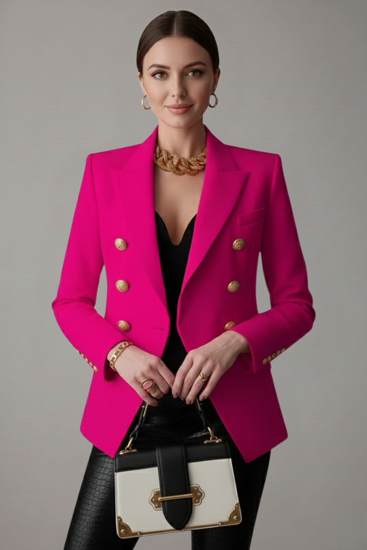 Alethea | Women’s Double-Breasted Blazer with Gold-Tone Button Details - Black