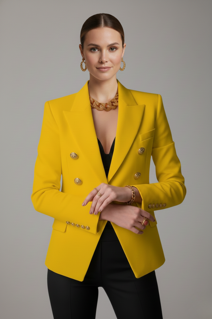Alethea | Women’s Double-Breasted Blazer with Gold-Tone Button Details - Black