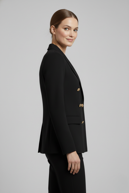 Alethea | Women’s Double-Breasted Blazer with Gold-Tone Button Details - Black