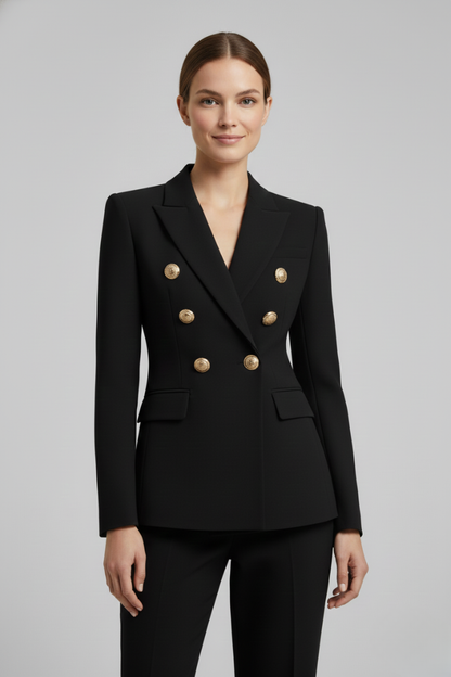 Alethea | Women’s Double-Breasted Blazer with Gold-Tone Button Details - Black