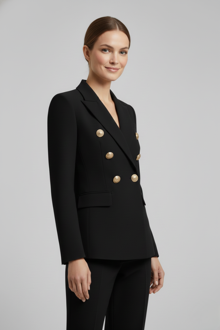 Alethea | Women’s Double-Breasted Blazer with Gold-Tone Button Details - Black