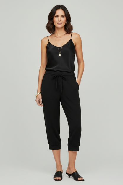 Juliette | Women’s Black Capri Trousers with Drawstring Waist and Side Pockets