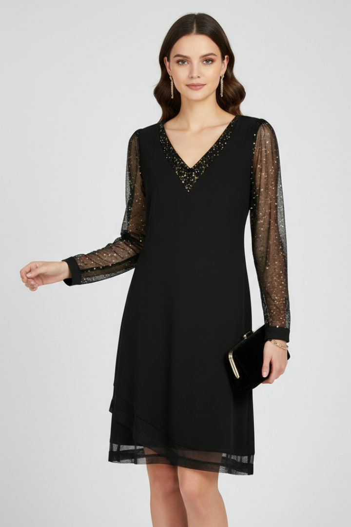 Alethea | Black Sequin Sleeve V-Neck Cocktail Dress