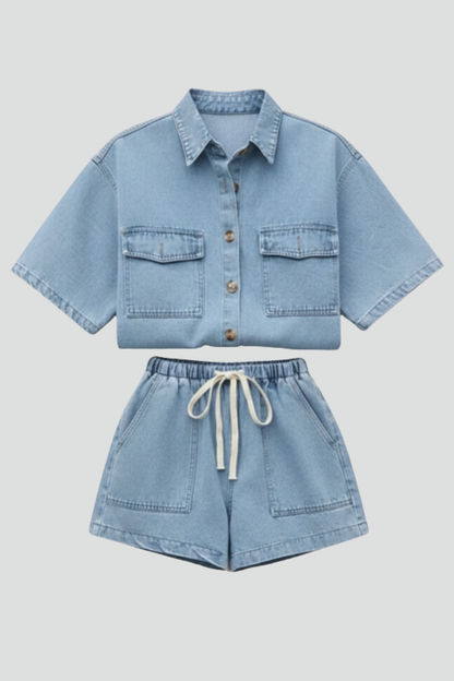 Alethea | Light Denim Women's Short Sleeve Set With Shorts