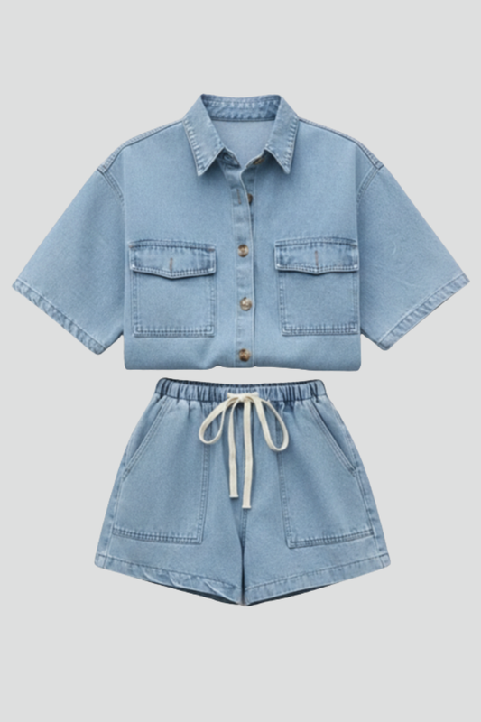 Alethea | Light Denim Women's Short Sleeve Set With Shorts