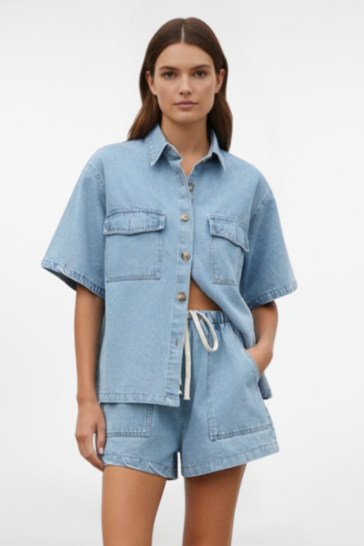 Alethea | Light Denim Women's Short Sleeve Set With Shorts