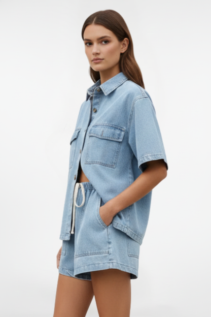 Alethea | Light Denim Women's Short Sleeve Set With Shorts
