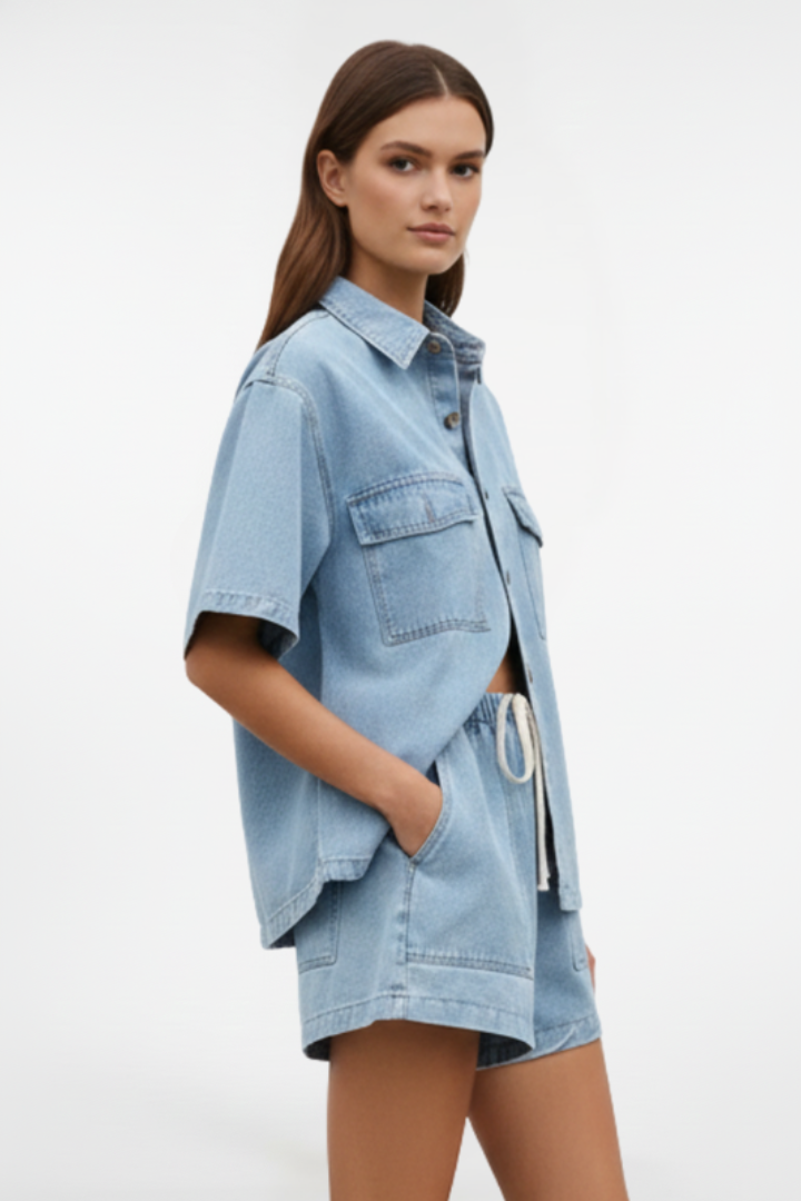 Alethea | Light Denim Women's Short Sleeve Set With Shorts