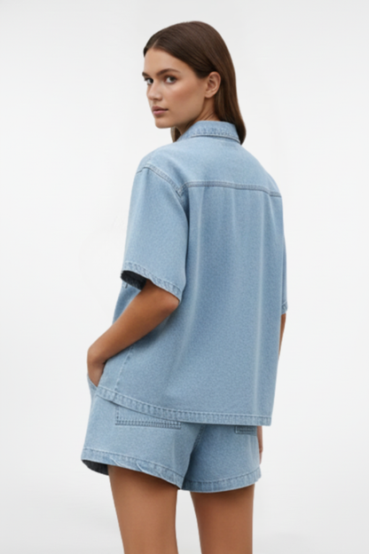 Alethea | Light Denim Women's Short Sleeve Set With Shorts