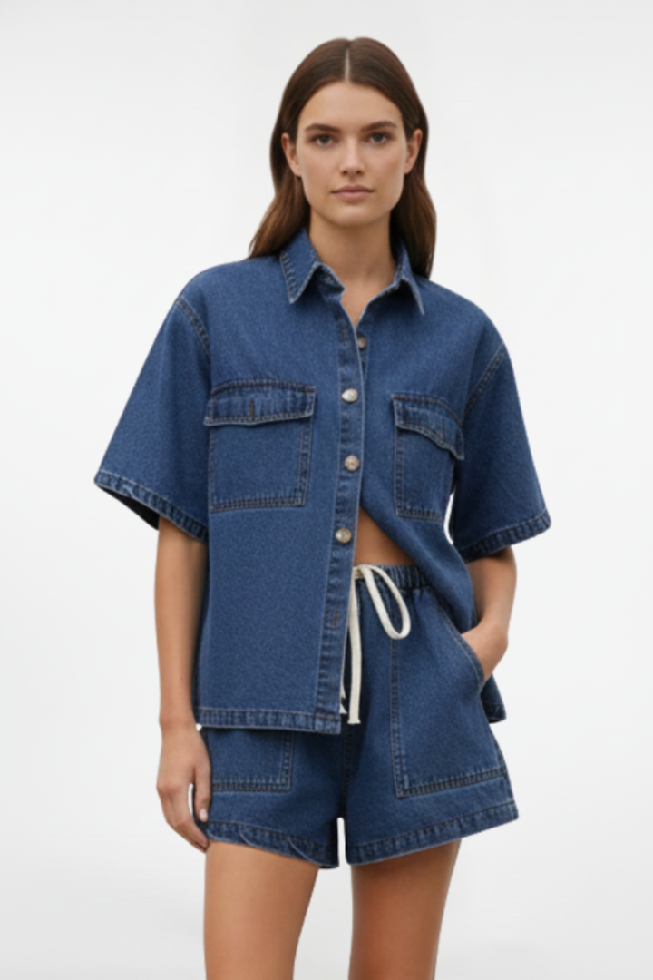 Alethea | Light Denim Women's Short Sleeve Set With Shorts