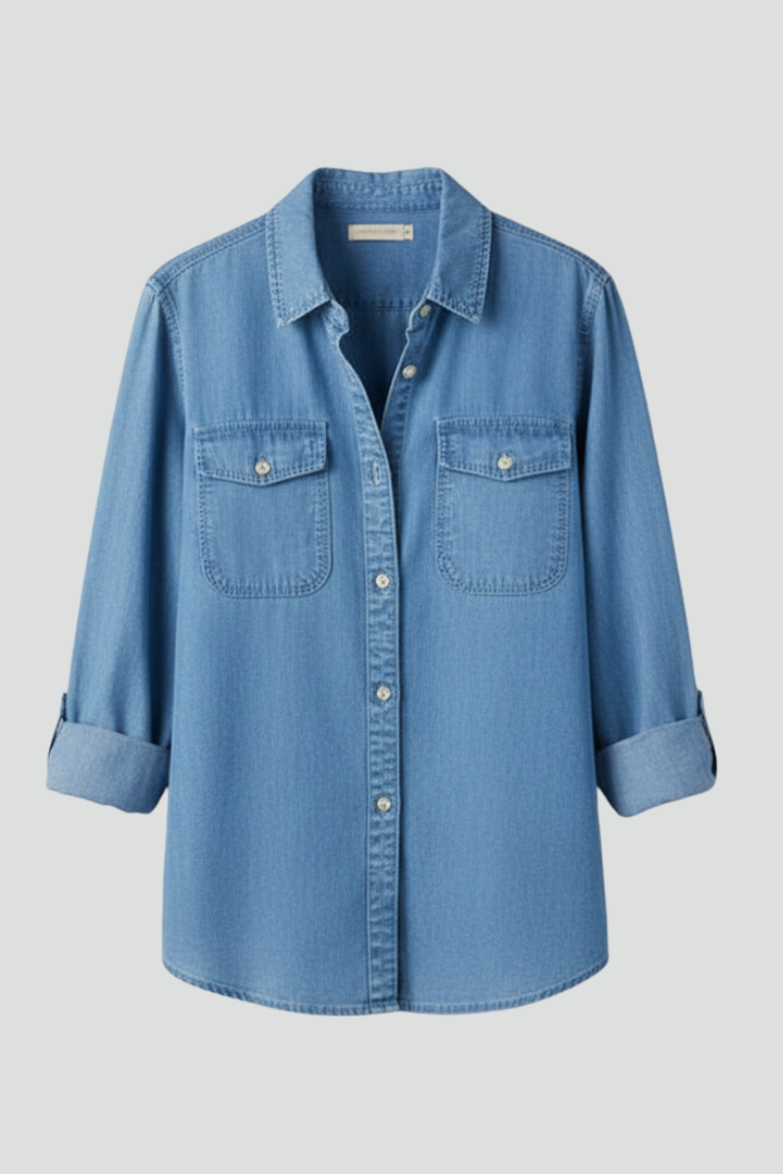 Alethea | Women’s Classic Button-Front Light Blue Denim Shirt with Long Sleeves
