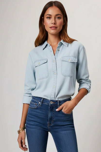 Alethea | Women’s Classic Button-Front Light Blue Denim Shirt with Long Sleeves