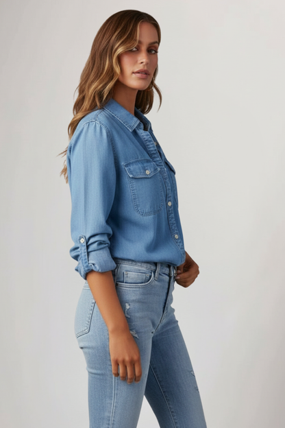 Alethea | Women’s Classic Button-Front Light Blue Denim Shirt with Long Sleeves